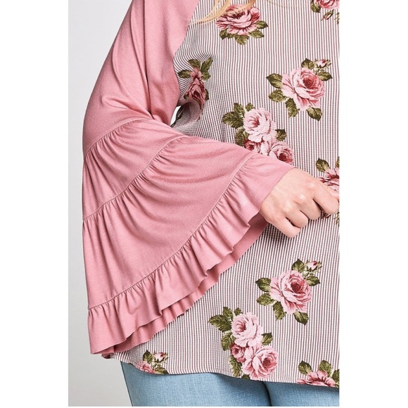 Mauve Pink Floral Ruffle Kimono Bell Slv Tunic Top - Picture 6 of 6